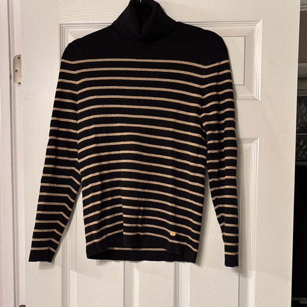Lauren Ralph Lauren Black & Beige Striped Turtleneck Sweater